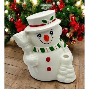 Vintage Snowman Piggy Coin Bank with Stopper Christmas Decor Holding Broom